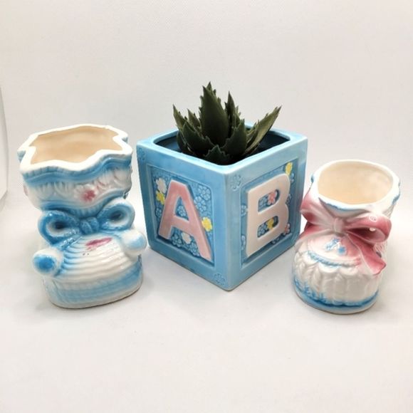 Nursery Decor Vintage Ceramic Pots Made in Japan ABC'S Baby Shoes Set 3 - Picture 1 of 16